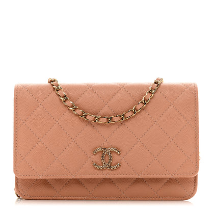 Chanel Caviar Quilted Perforated Metal CC Wallet On Chain WOC Beige 1 of 11