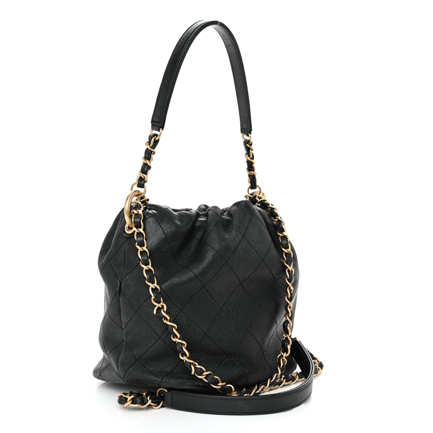 Lambskin Quilted Antique Signs Drawstring Bag Black