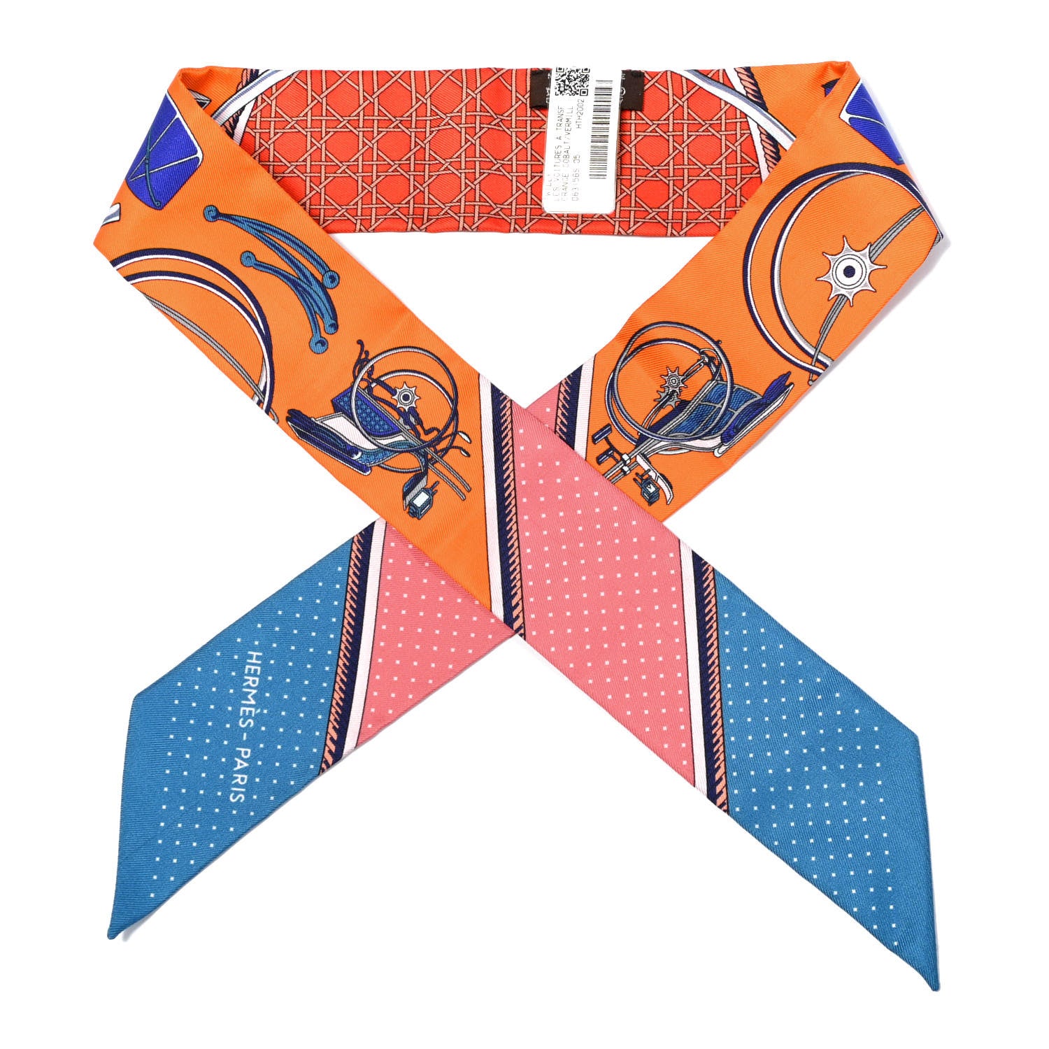 Hermes Silk Les Voitures A Transformation Twilly Orange Cobalt Vermillon 1 of 4