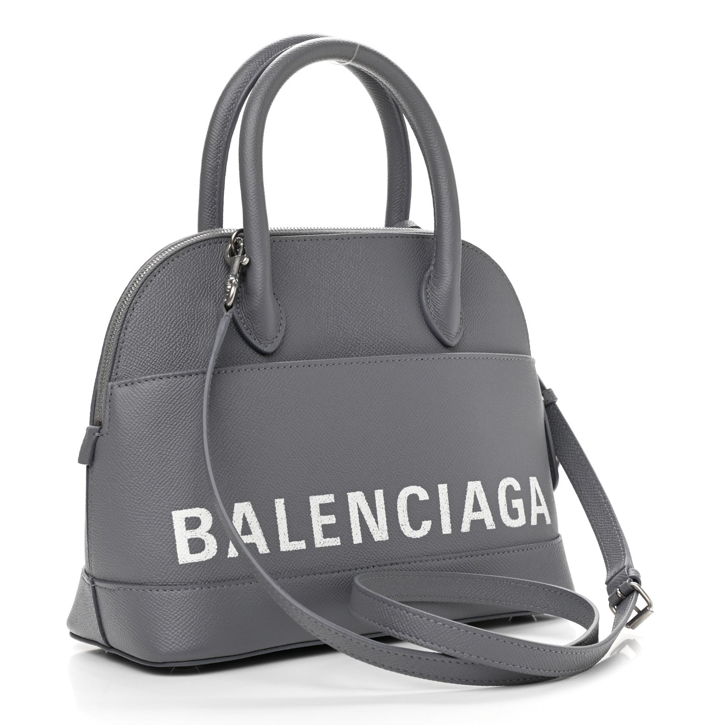 Signature Grained Calfskin Logo S Ville Top Handle Bag Gris Perle Fonce White