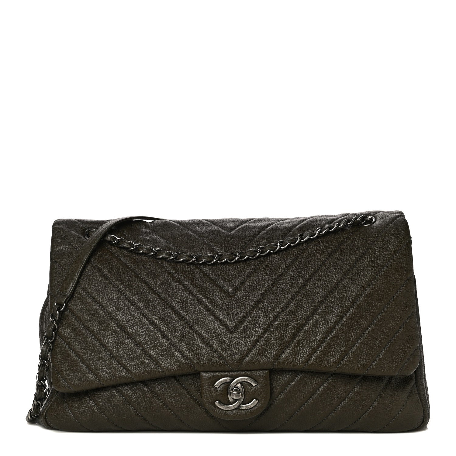 Chanel Calfskin Chevron Quilted XXL Travel Flap Bag Khaki 1 of 14