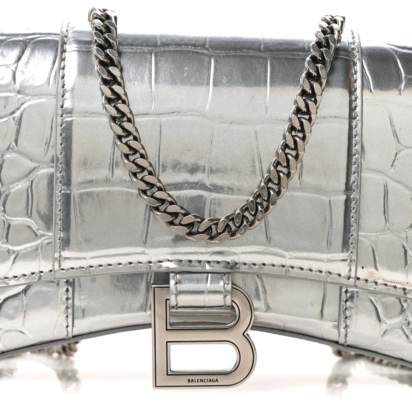 Metallic Calfskin Crocodile Embossed Hourglass Chain Bag Silver
