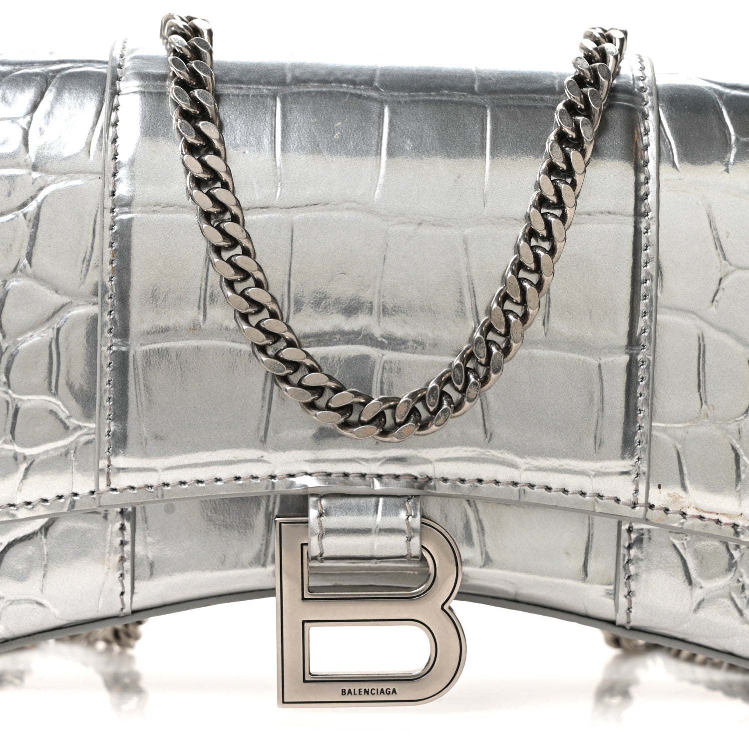 Balenciaga Metallic Calfskin Crocodile Embossed Hourglass Chain Bag Silver 6 of 8