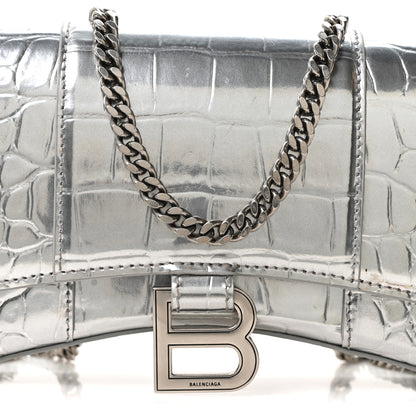 Balenciaga Metallic Calfskin Crocodile Embossed Hourglass Chain Bag Silver 6 of 8