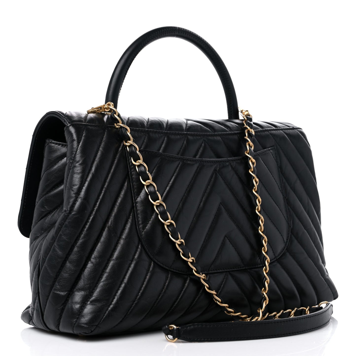 Calfskin Chevron Quilted Medium Coco Handle Flap Black