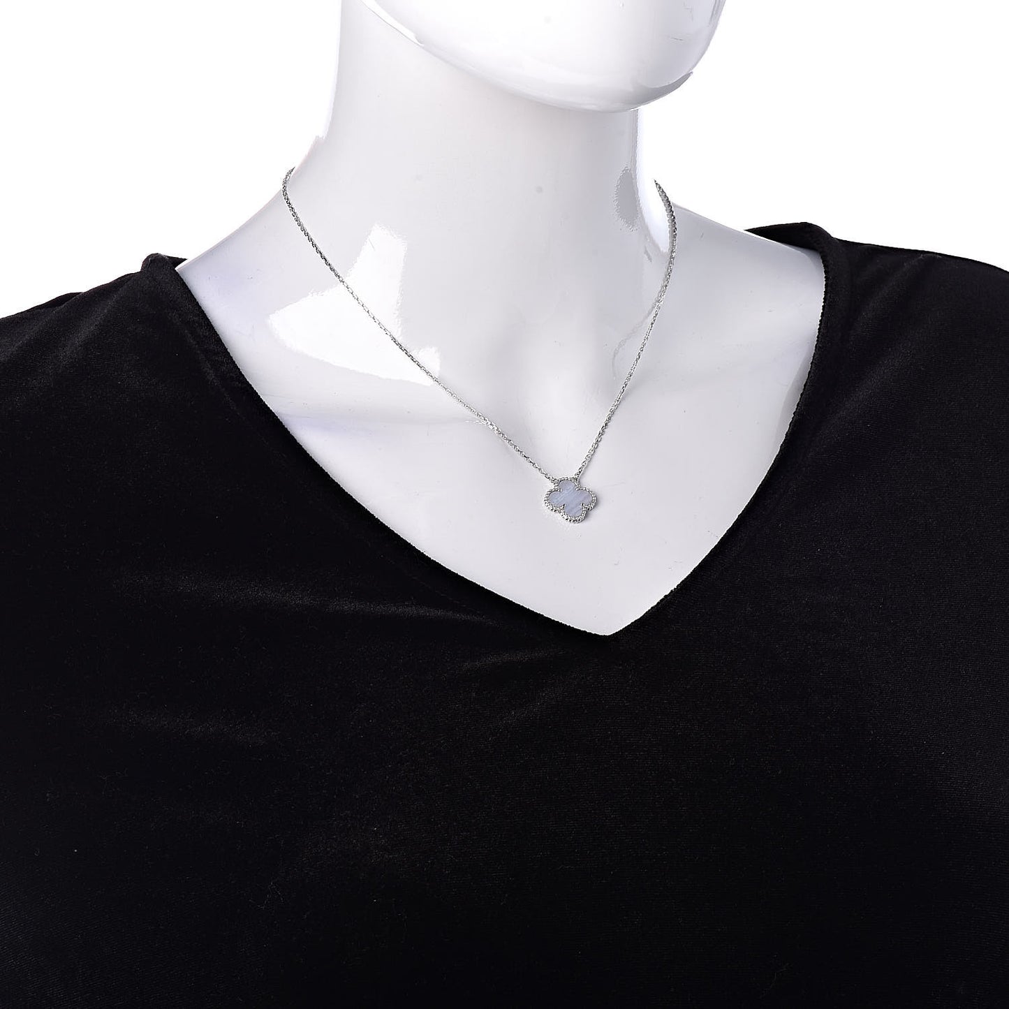 18K White Gold Chalcedony Vintage Alhambra Pendant Necklace