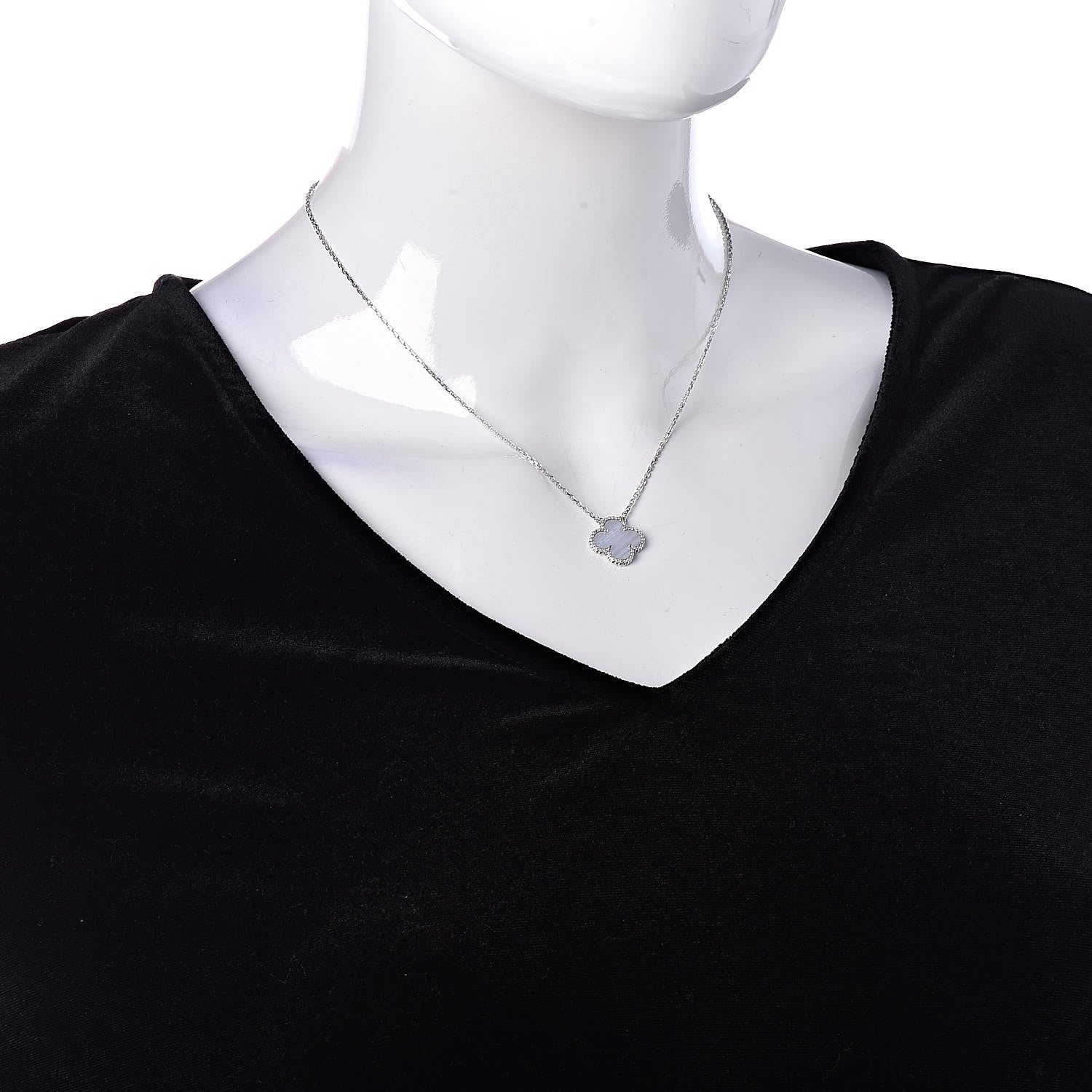 Van Cleef & Arpels 18K White Gold Chalcedony Vintage Alhambra Pendant Necklace 2 of 9