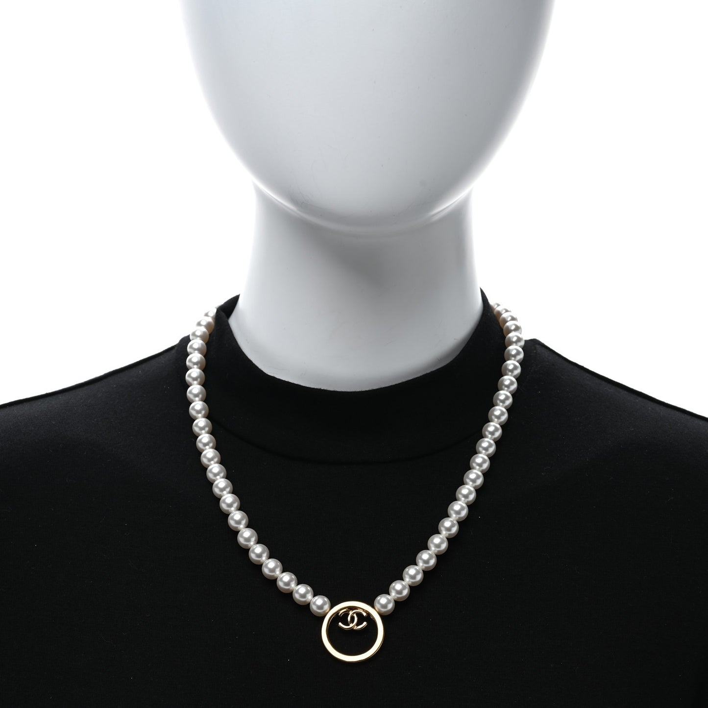 Pearl CC Round Long Necklace Gold White