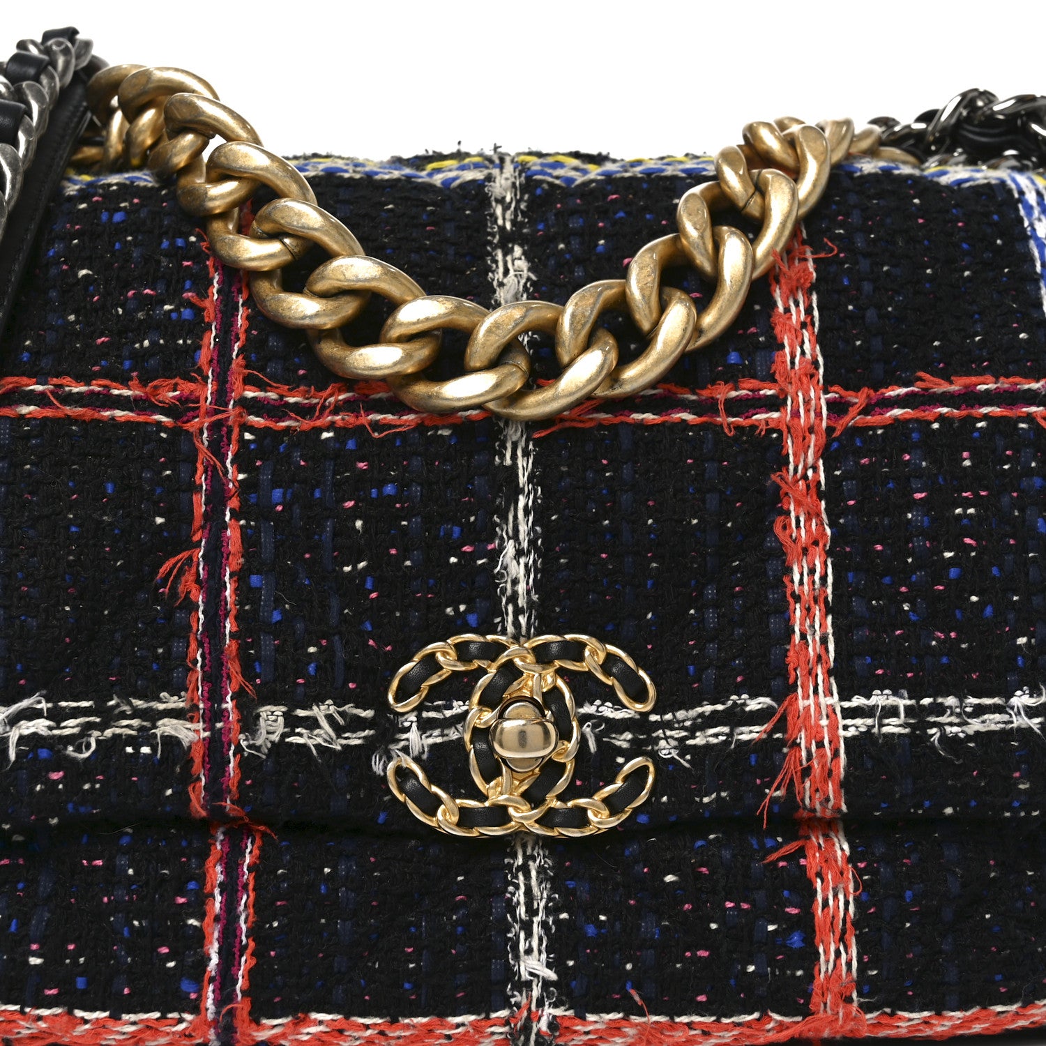 Chanel Tweed Quilted Large Chanel 19 Flap Black Orange Blue 8 of 10