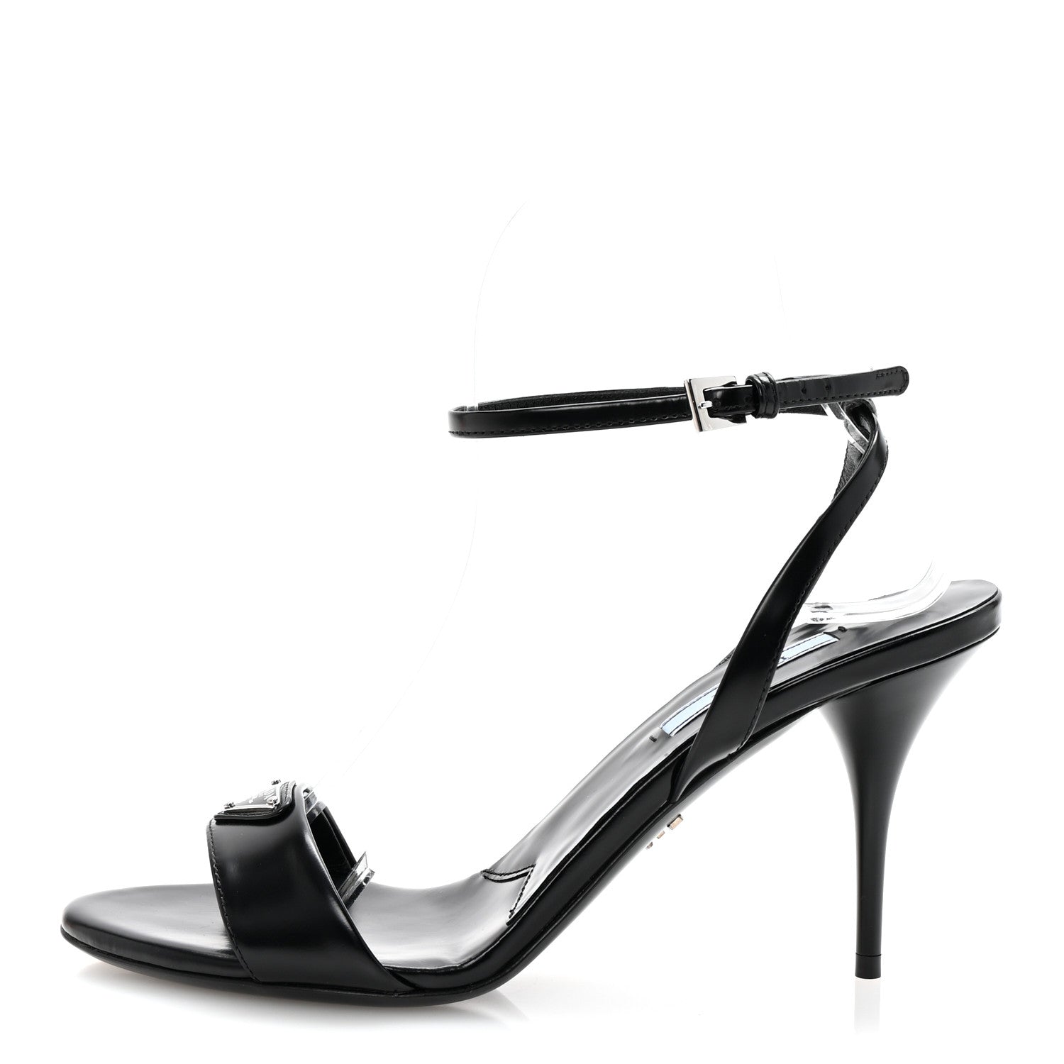 Prada Spazzolato Metal Triangle Logo Ankle Strap 100mm Sandals 37 Black 1 of 9
