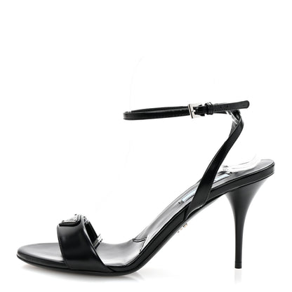 Prada Spazzolato Metal Triangle Logo Ankle Strap 100mm Sandals 37 Black 1 of 9