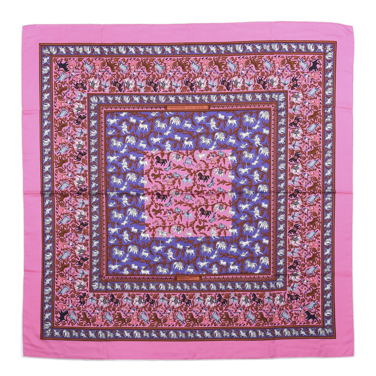 Hermes Cashmere Silk Chasse En Inde Shawl 140 Rose Bonbon Lavende Gris 1 of 5