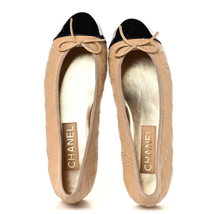 Chanel Lambskin Patent Double Stitched CC Cap Toe Ballerina Flats 39.5 Beige Black 2 of 10