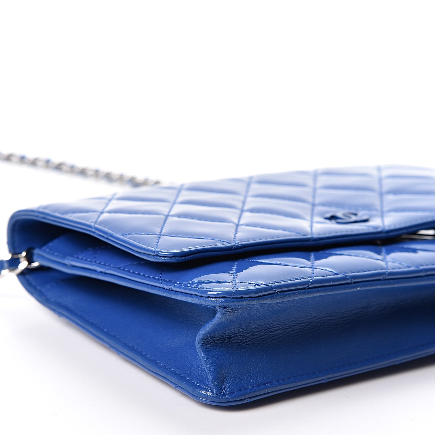 Patent Calfskin Quilted Wallet On Chain WOC Dark Blue