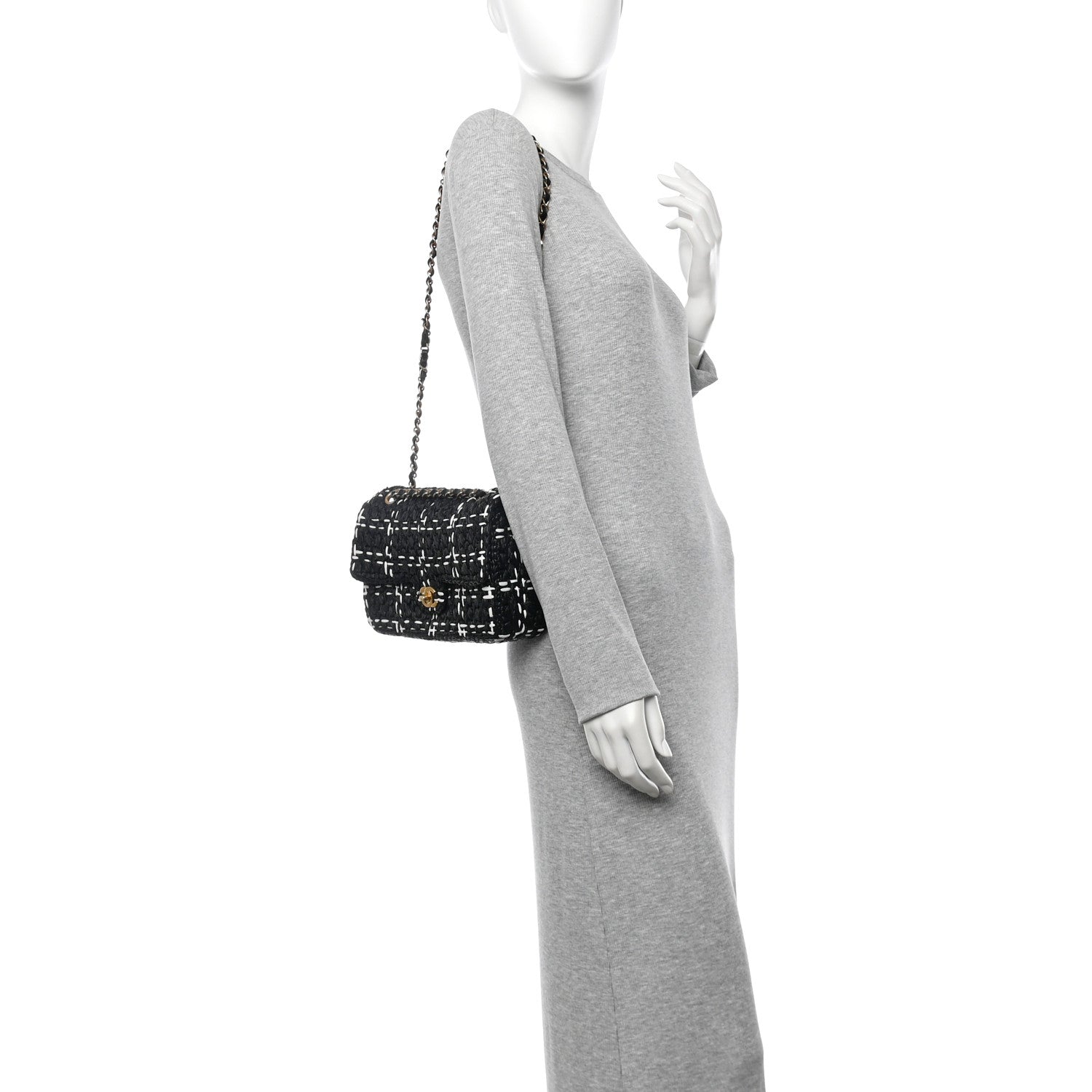 Chanel Raffia Effect Medium Tweedy Flap Bag Black White 2 of 11