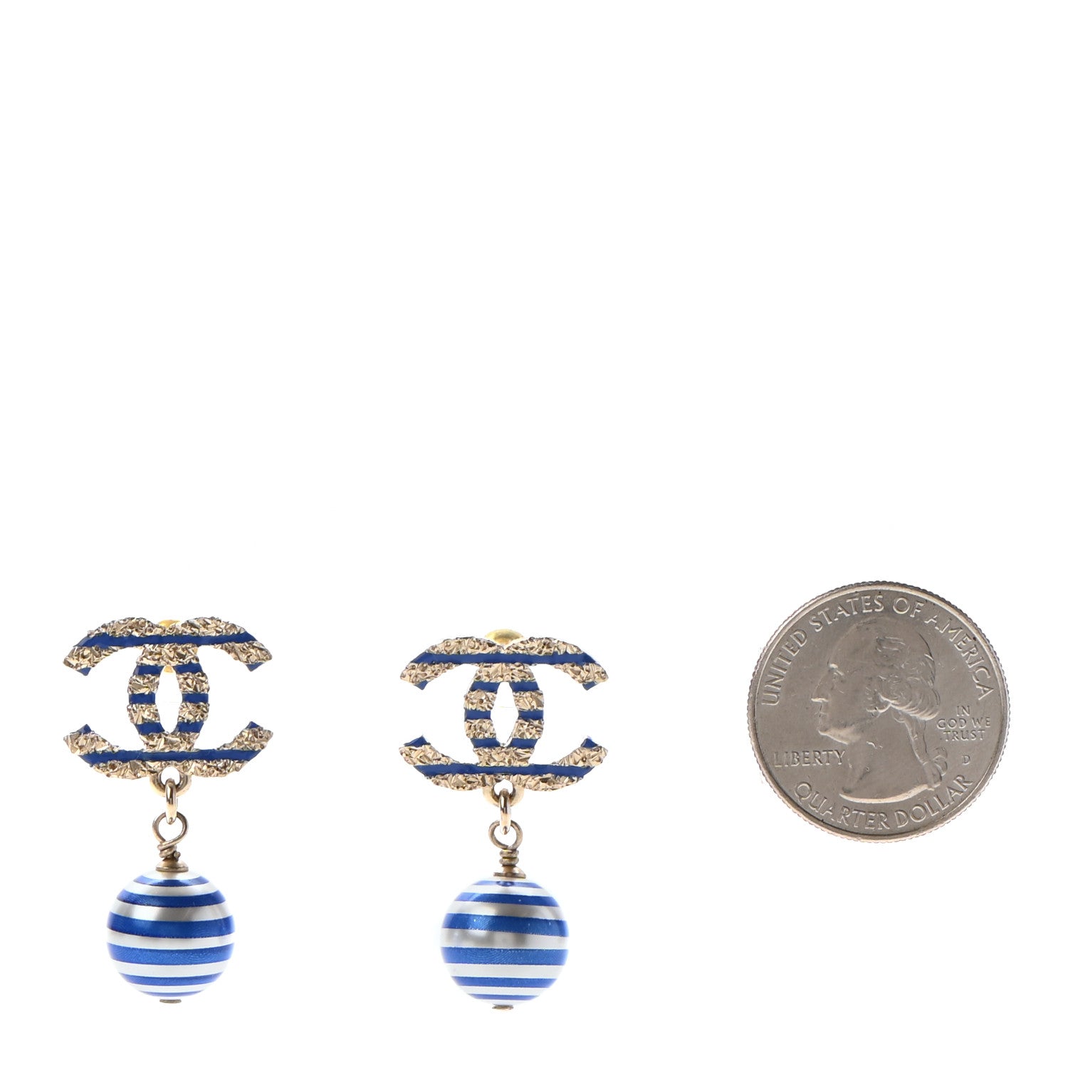 Chanel Resin Pearl Striped CC Drop Earrings Blue Gold 2 of 4