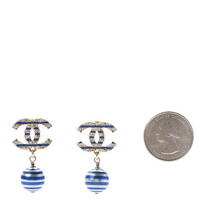 Chanel Resin Pearl Striped CC Drop Earrings Blue Gold 2 of 4