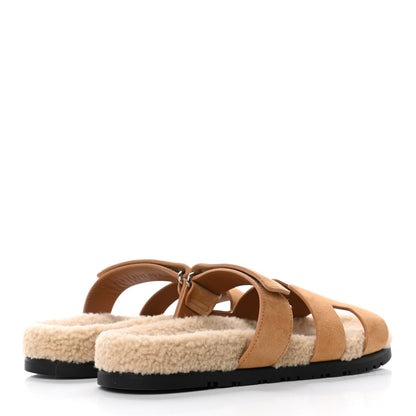 Hermes Suede Goatskin Woolskin Womens Chypre Sandals 40 Golden Beige 3 of 4