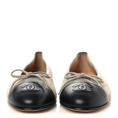 Chanel Suede Lambskin Cap Toe CC Ballerina Flats 37 Dark Grey Black 3 of 10
