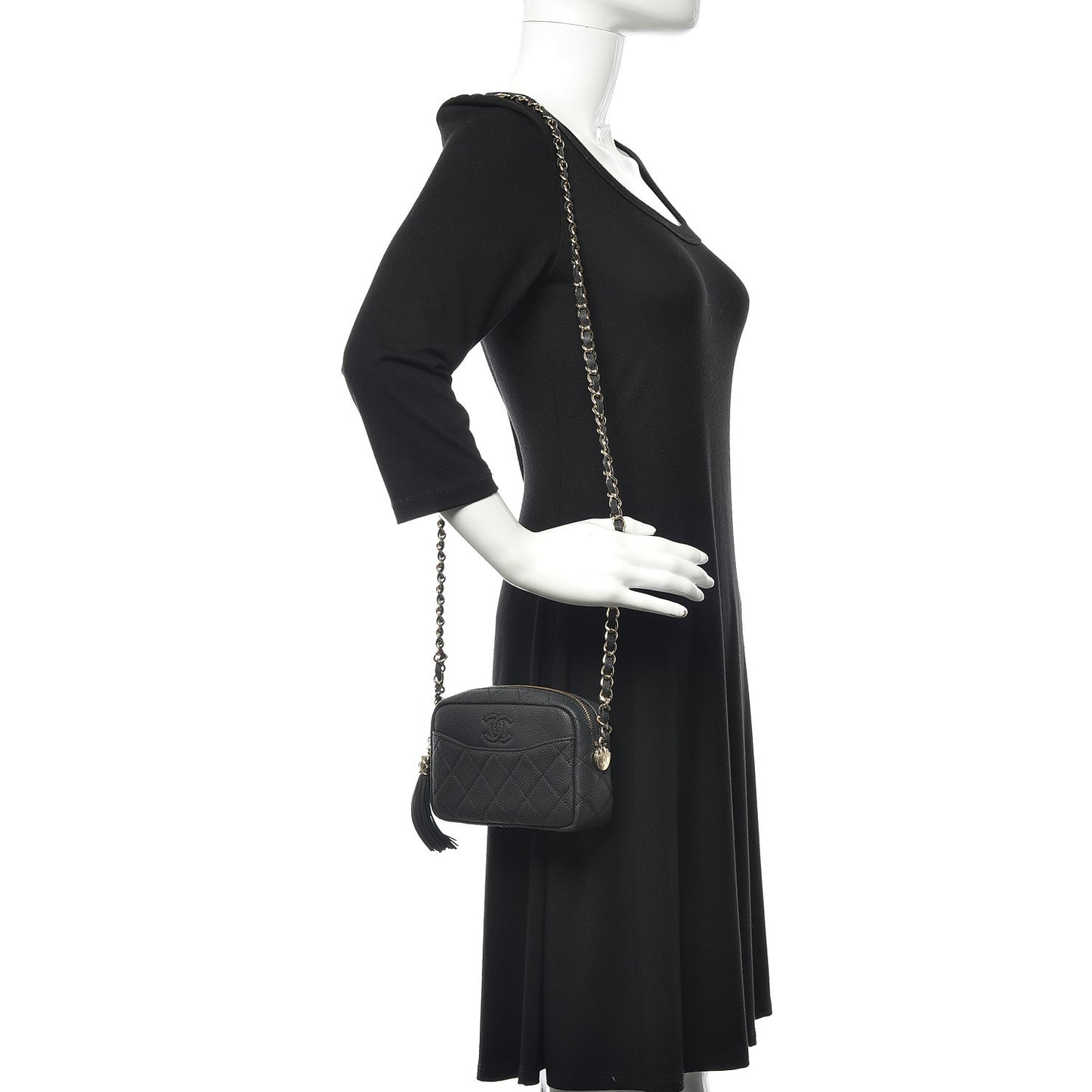 Iridescent Caviar Quilted Mini Coco Tassel Camera Case Black
