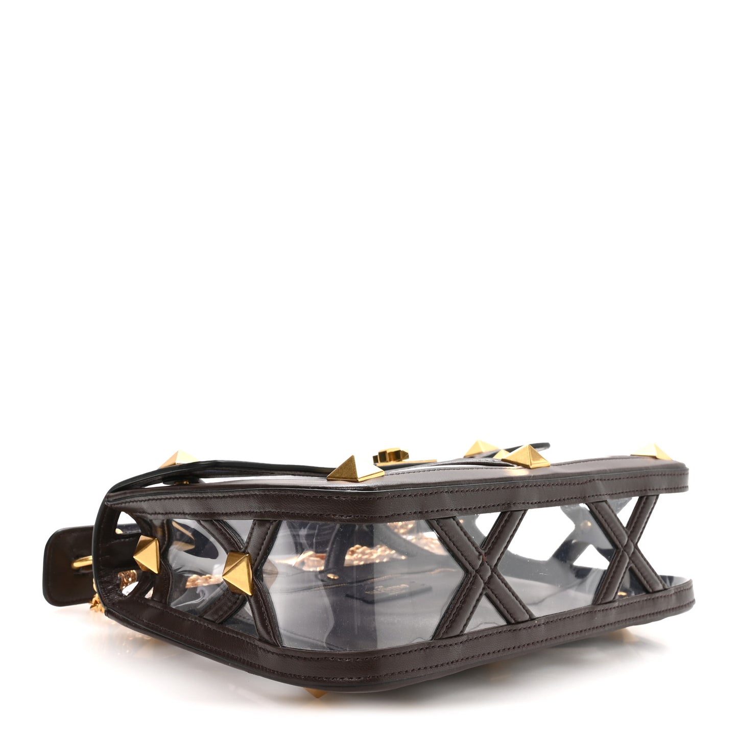 PVC Calfskin Large Roman Stud Shoulder Bag Transparent Dark Brown