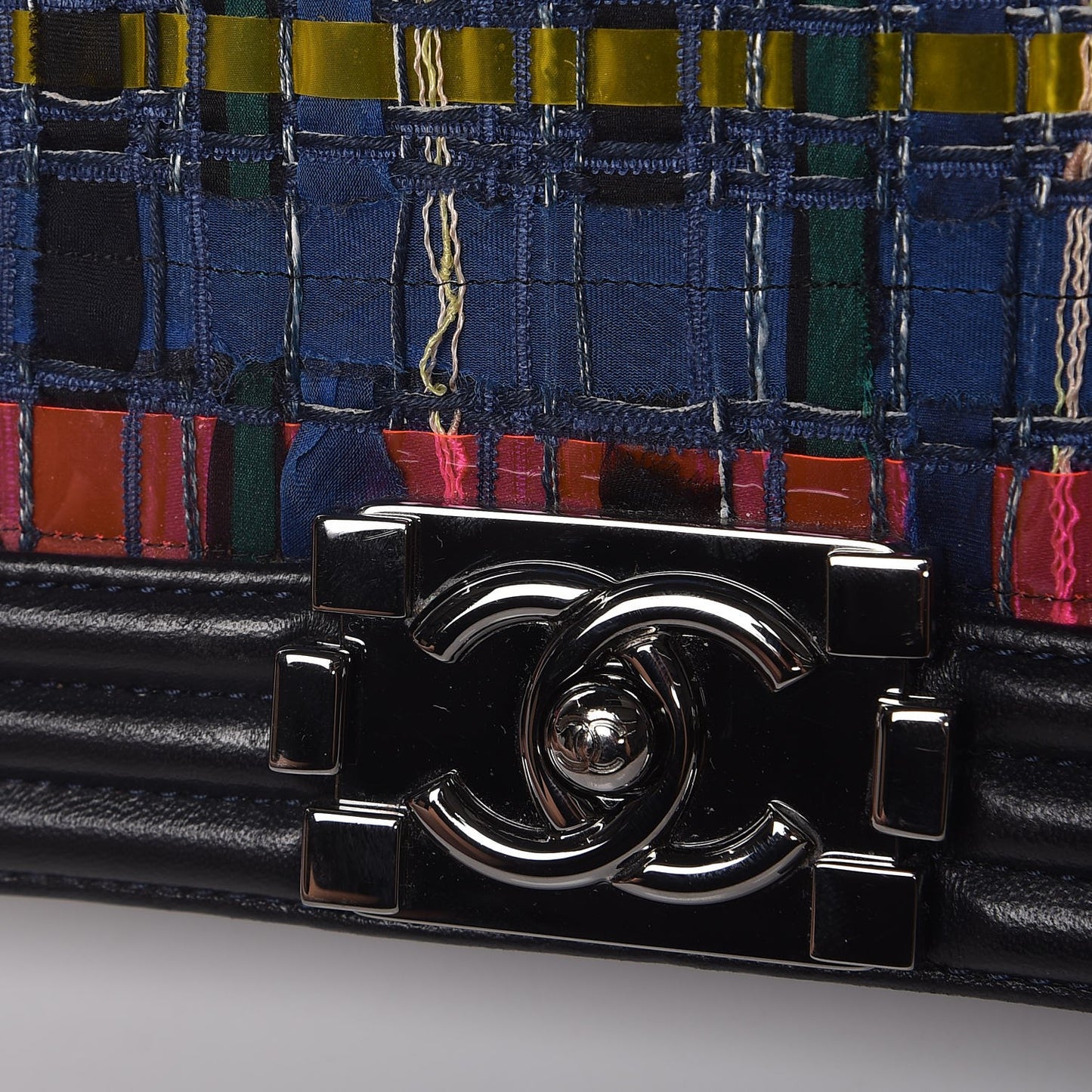 Tweed Lambskin Woven Medium Boy Flap Navy Blue