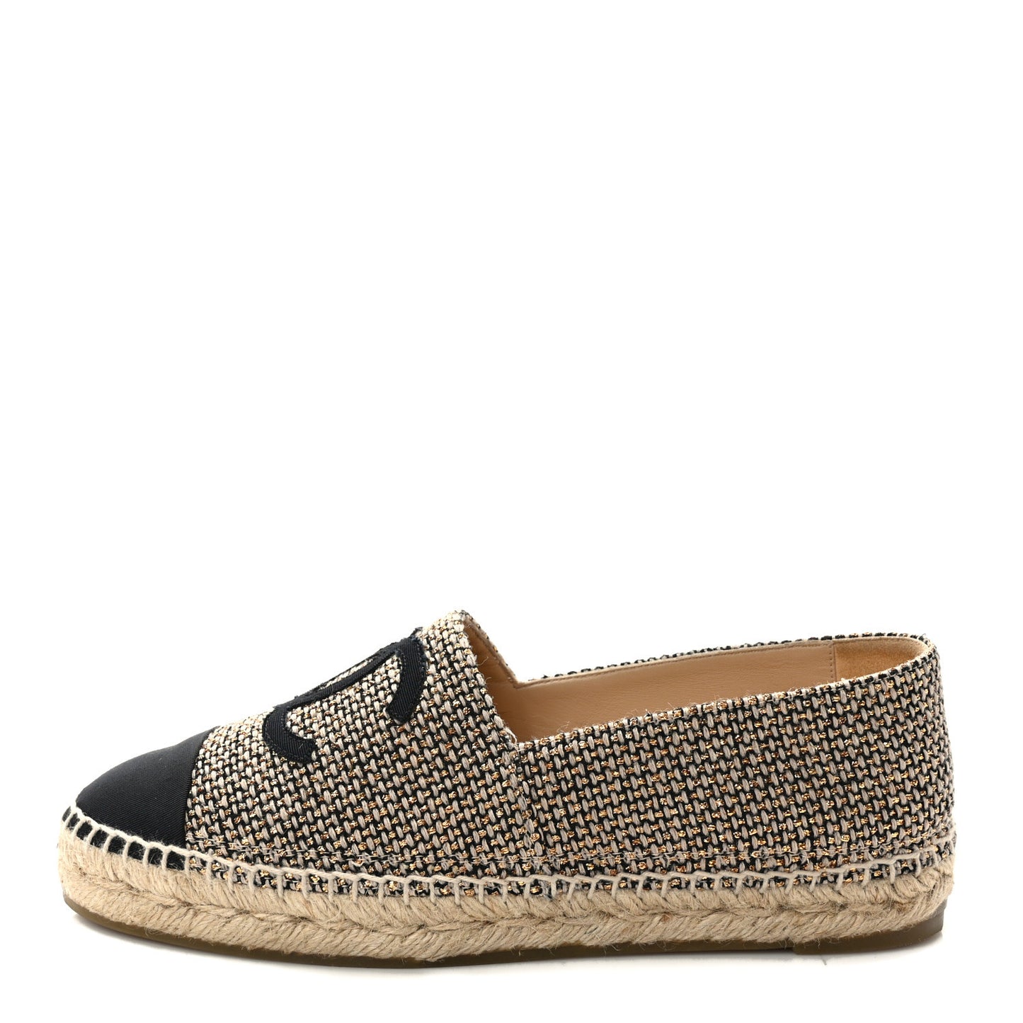 Metallic Tweed Grosgrain CC Espadrilles 38 Black Gold