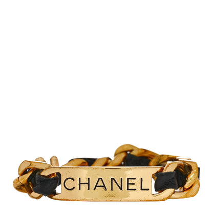 Chanel Metal Lambskin Name Plate Bracelet Black Gold 1 of 4