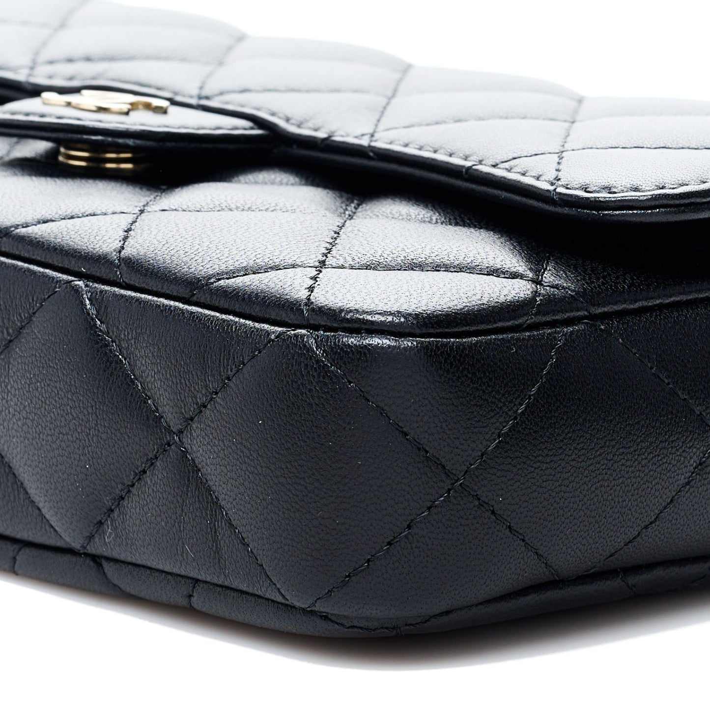 Lambskin Quilted Flap Phone Holder With Chain Black