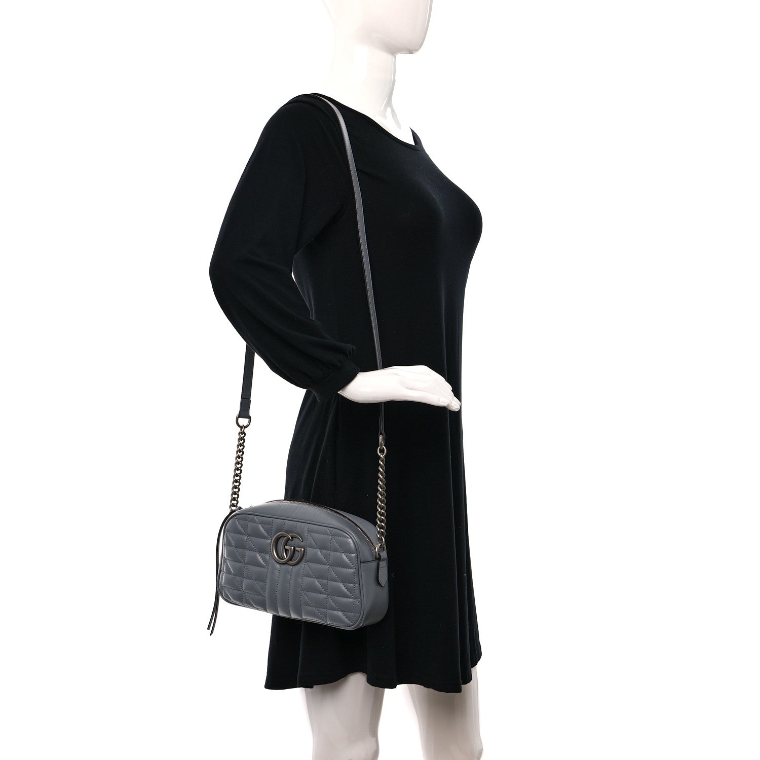 Gucci Calfskin Matelasse Aria Small GG Marmont Chain Shoulder Bag Deep Grey 2 of 11