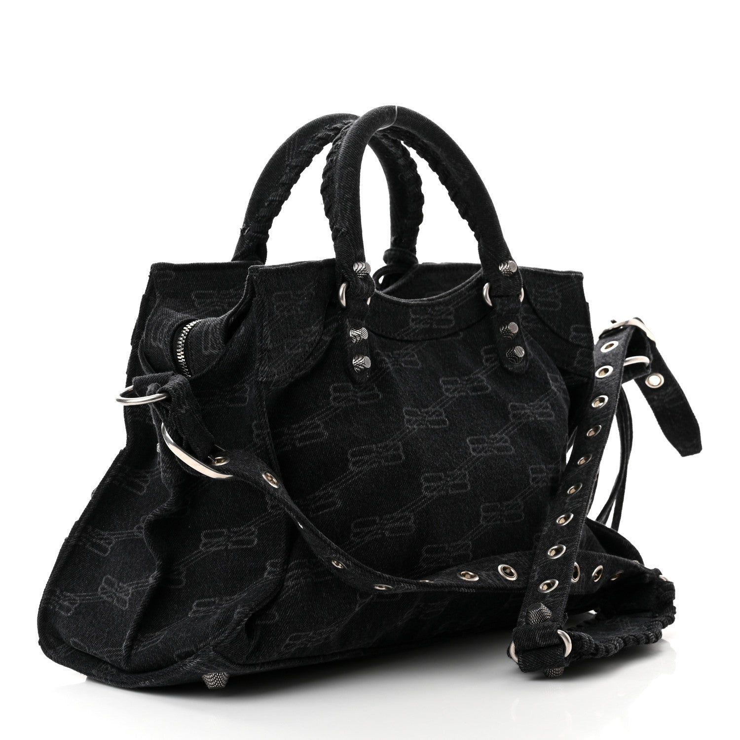 Balenciaga Washed Denim BB Monogram Neo Cagole City Handbag Black 2 of 8