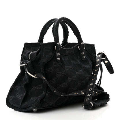 Balenciaga Washed Denim BB Monogram Neo Cagole City Handbag Black 2 of 8