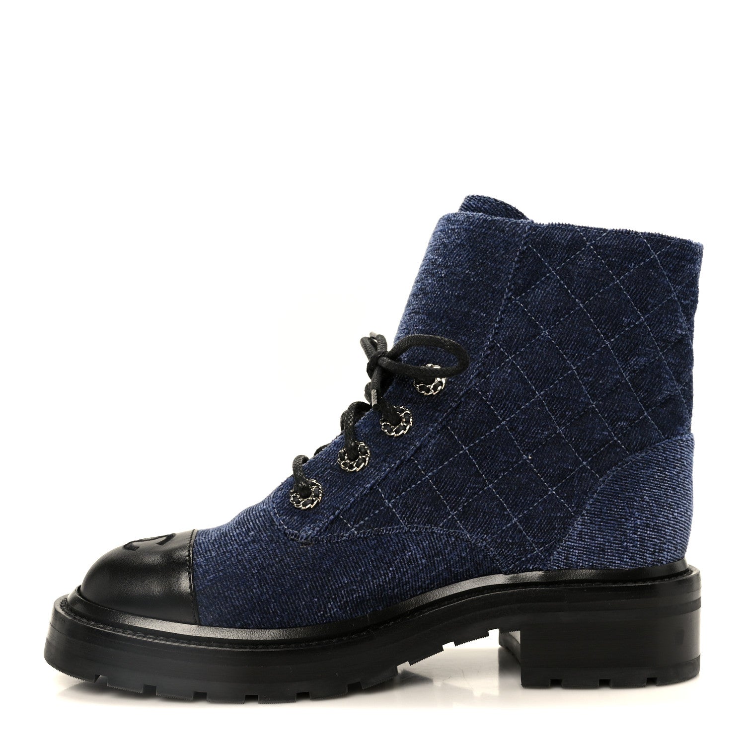 Chanel Shiny Calfskin Velvet Quilted Lace Up Combat Boots 37 Blue 1 of 11