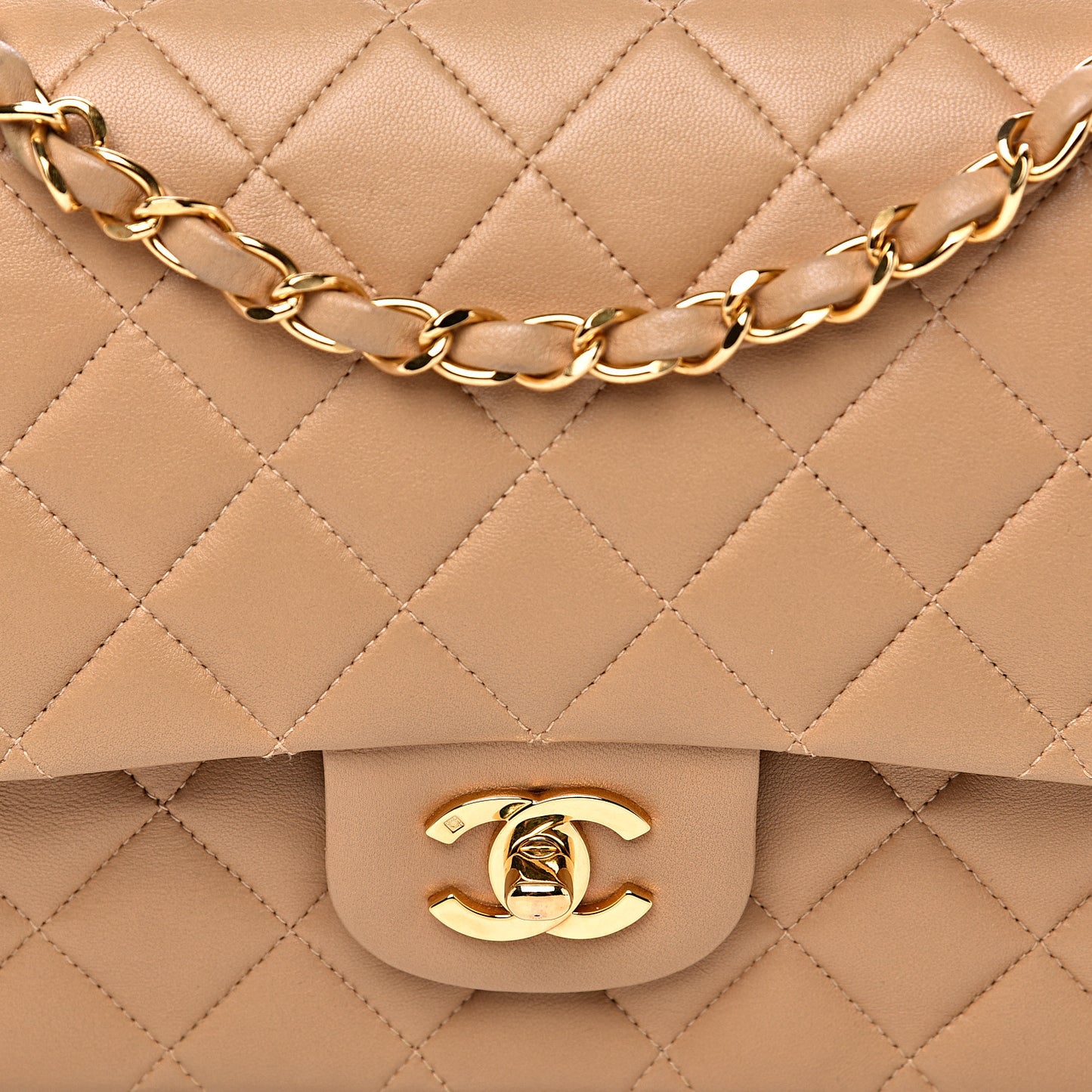 Lambskin Quilted Medium Double Flap Beige