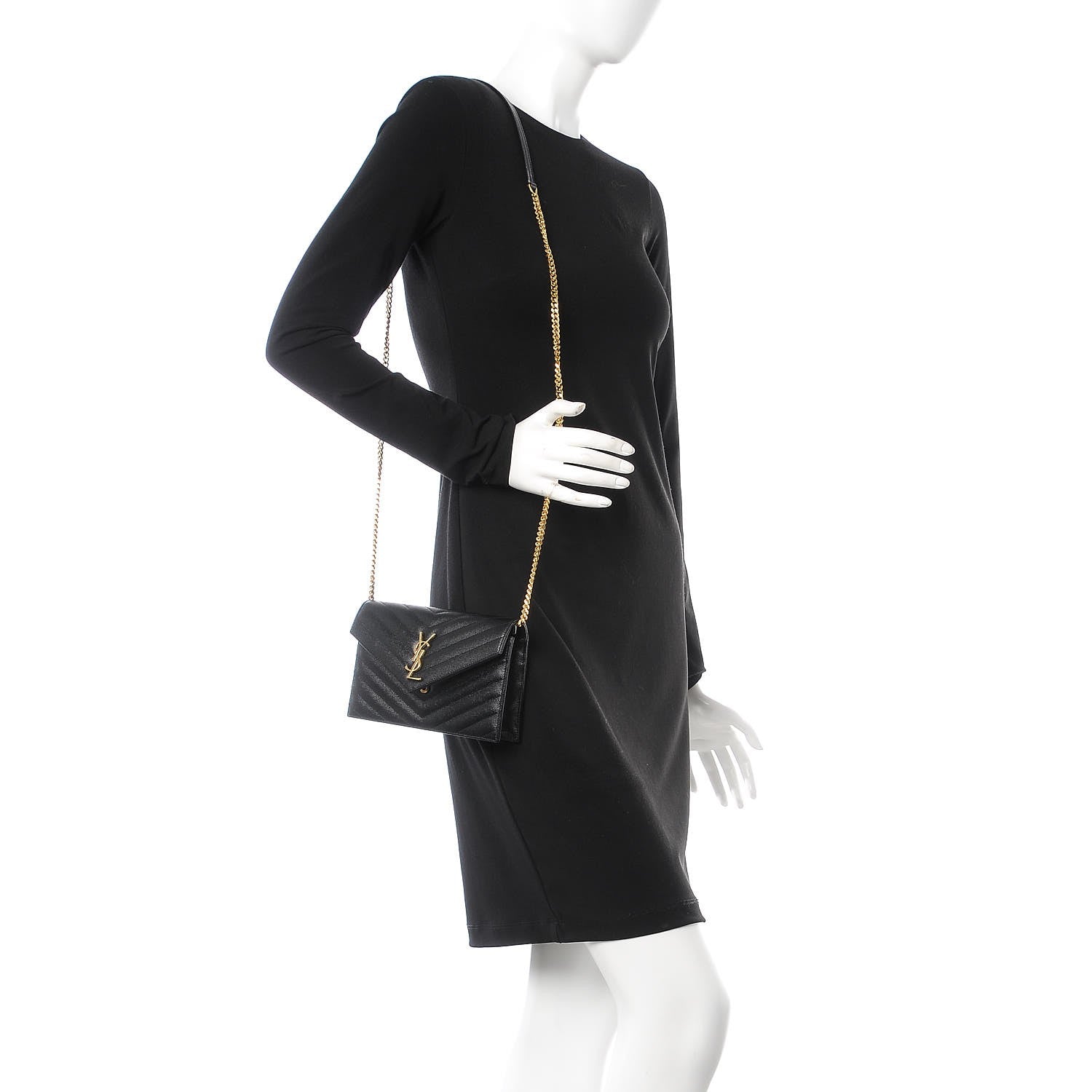 Saint Laurent Grain De Poudre Matelasse Chevron Monogram Envelope Chain Wallet Black 2 of 10