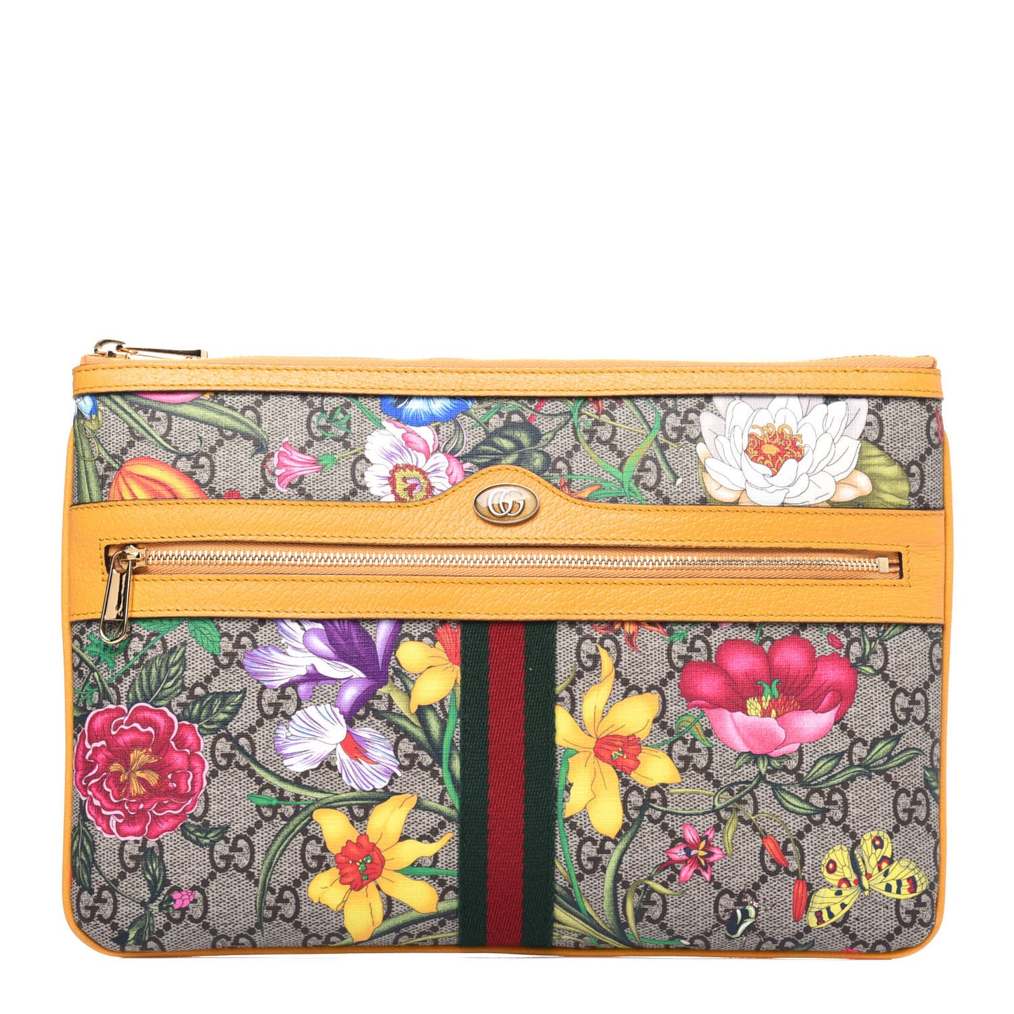 GG Supreme Monogram Flora Large Ophidia Pouch Clutch Beige Multicolor Crop
