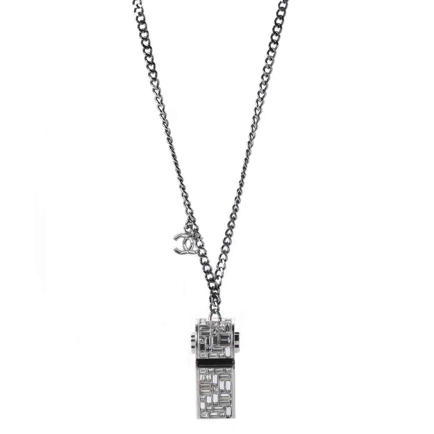 Chanel Crystal Baguette CC Whistle Pendant Necklace Silver 1 of 7