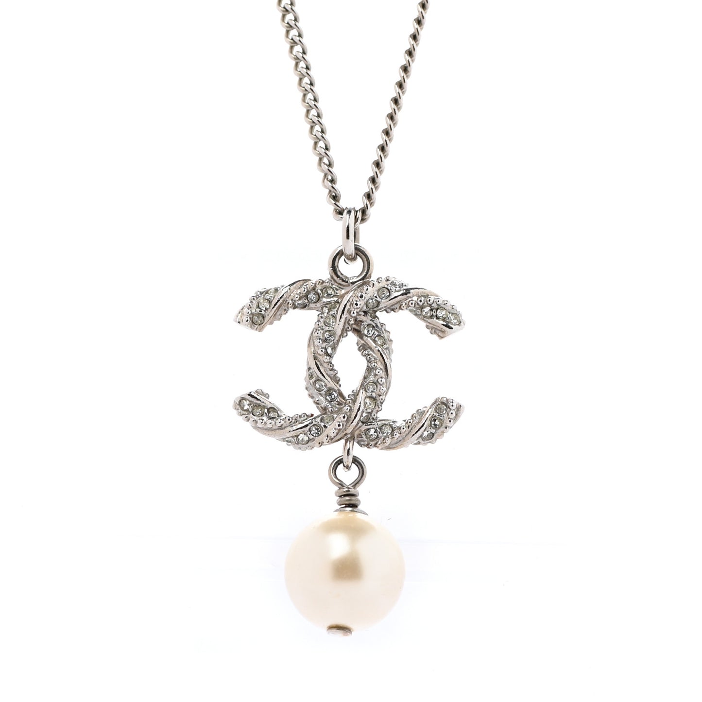 Crystal Pearl Twisted CC Drop Necklace Silver