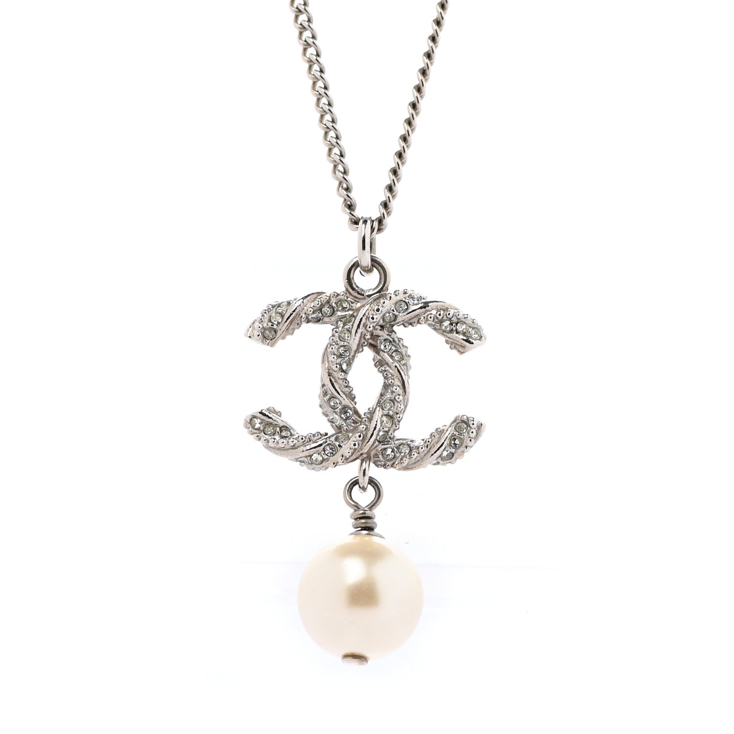 Chanel Crystal Pearl Twisted CC Drop Necklace Silver 4 of 6