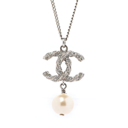 Chanel Crystal Pearl Twisted CC Drop Necklace Silver 4 of 6