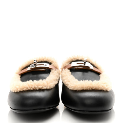 Hermes Shearling Calfskin Womens Oz Mules 38.5 Naturel Black 2 of 11