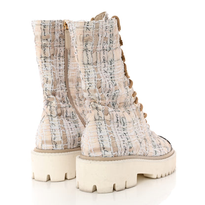 Chanel Tweed Grosgrain Cap Toe Lace Up Combat Boots 37 Multicolor 4 of 14
