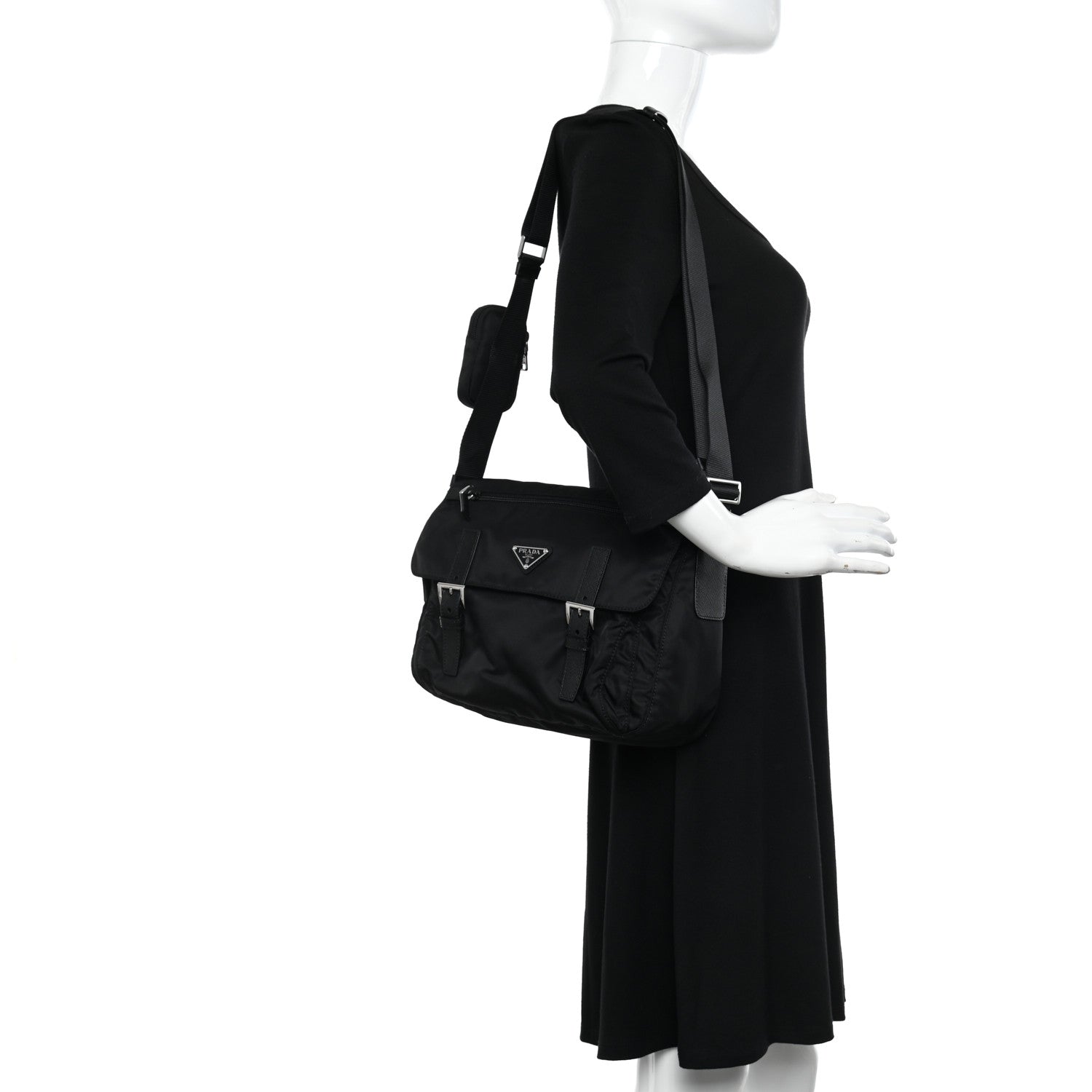 Prada Re-Nylon Vela Saffiano Pocket Double Buckle Messenger Shoulder Bag Black 2 of 11