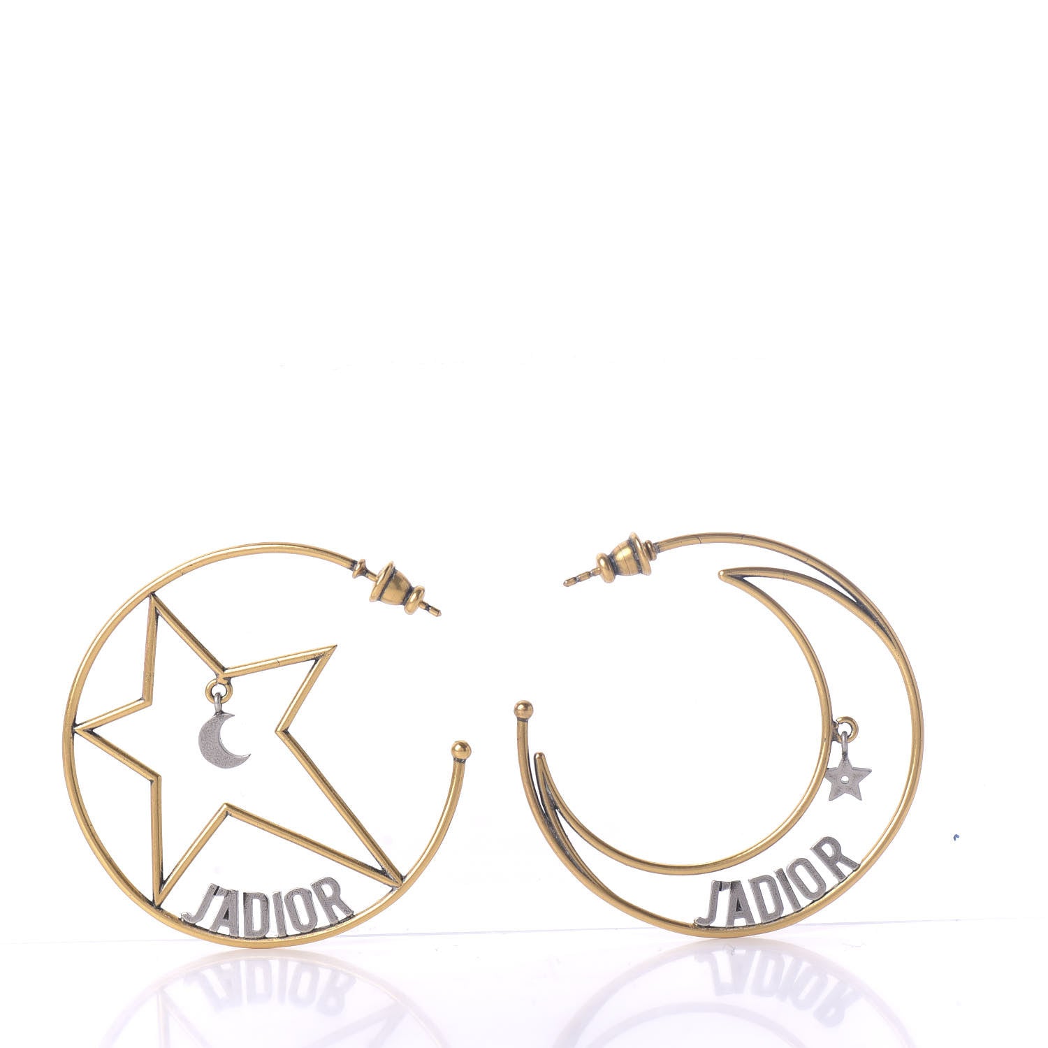 Christian Dior Metal Moon Star J'Adior Asymmetrical Hoop Earrings Gold Palladium 1 of 3