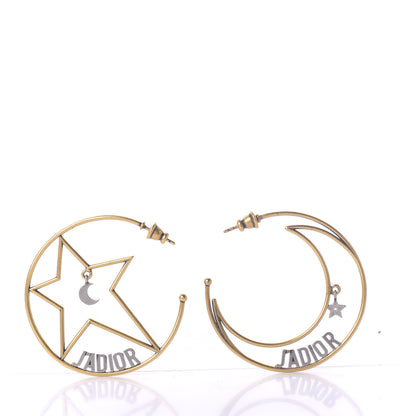 Christian Dior Metal Moon Star J'Adior Asymmetrical Hoop Earrings Gold Palladium 1 of 3