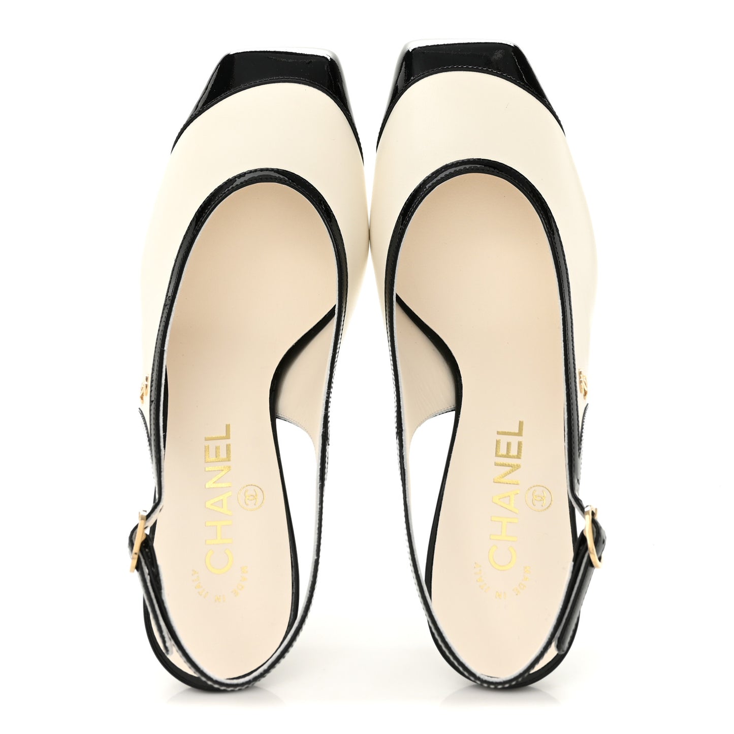 Lambskin Patent Calfskin Cap Toe CC Slingback Pumps 38.5 White Black