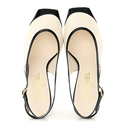Chanel Lambskin Patent Calfskin Cap Toe CC Slingback Pumps 38.5 White Black 2 of 10