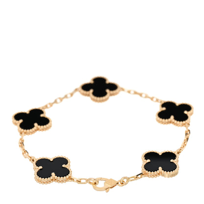 Van Cleef & Arpels 18K Yellow Gold Black Onyx 5 Motifs Vintage Alhambra Bracelet 2 of 5