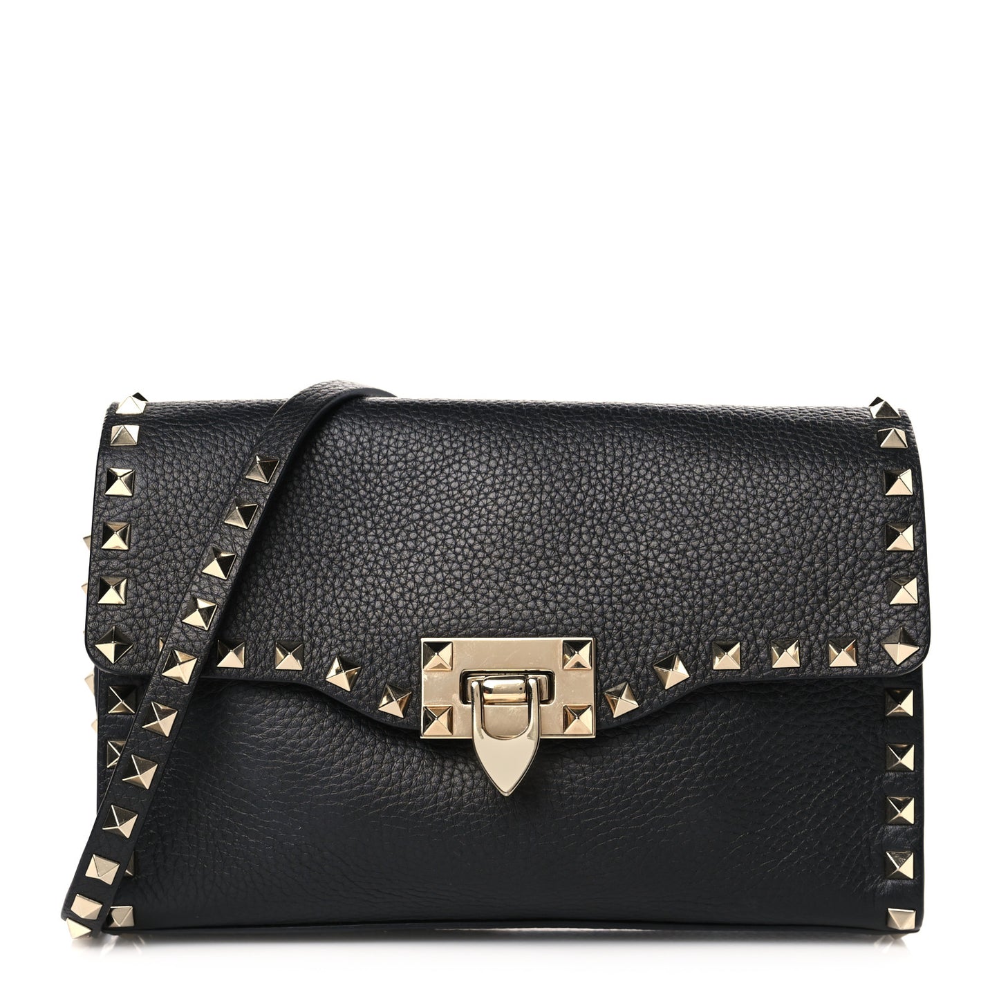 Pebbled Calfskin Medium Rockstud Flip Lock Crossbody Bag Black