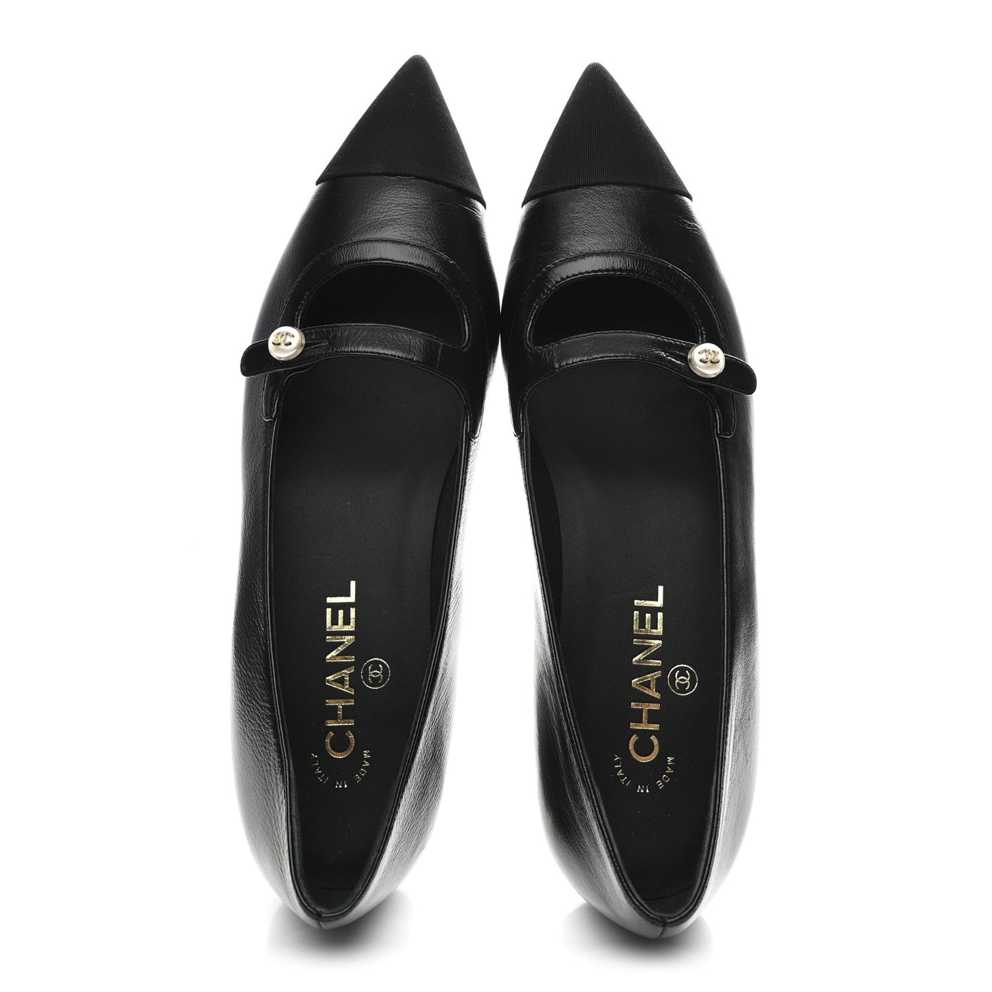 Shiny Lambskin Grosgrain Pearl Mary Jane Flats 40 Black